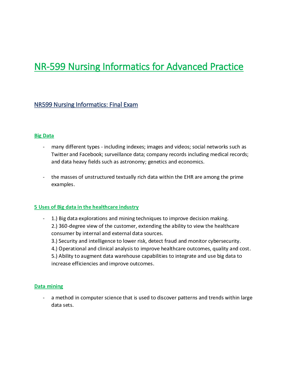 Preview of NR 599 / NR599 Final Exam (Latest Update): Nursing Informatics for Advanced Practice - Cha